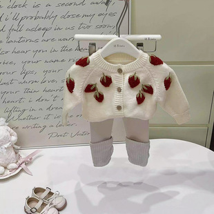 Girl's Sweet Strawberry Embroidered Knitted Cardigan Winter 2024 New Style Children's Sweater Coat Baby's Top
