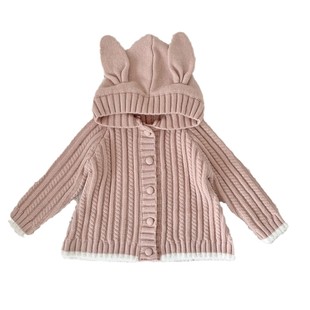 Cutemily autumn and winter baby girl contrast twist cardigan sweater A swing hooded rabbit ears cute sweater coat