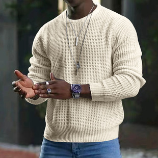 Cross-border European and American 2024 New Men's Heavyweight Waffle Long-sleeved Round Neck Casual Men's Loose Pullover Knitwear