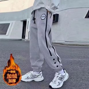 Boys' Fleece-lined Pants Children's Loose Sweatpants Autumn and Winter 2024 New One-piece Fleece Winter Sports Pants