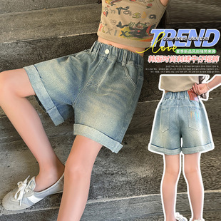 Girls' Denim Shorts Summer Thin 2025 New Children's Western Style Summer Embroidered Leather Label Denim Hedge Shorts