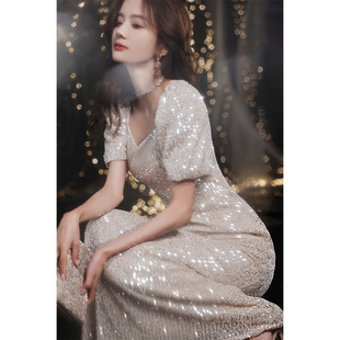 Sequin Evening Dress 2023 New Entry Luxury Niche Elegant Celebrity Fishtail Host Piano Performance Dress Female