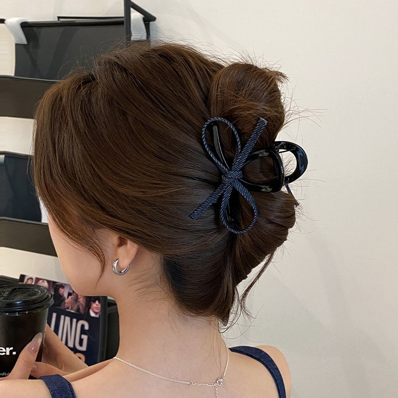 Korean Ins Simple Denim Bow Hair Clip Female Dongdaemun Baket High-End Hair Clip Shark Clip Hair Accessories
