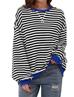 2025 Spring Simple Home Cross-border Casual New Arrival Striped Pattern Crewneck Long-sleeved Pullover Embroidered Color-matching Sweat