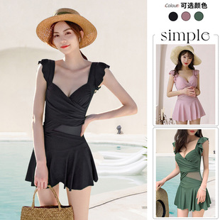 one-piece swimsuit women's 2024 summer latest pure style skirt conservative belly-covering slimming small chest gathered for holiday swimwear