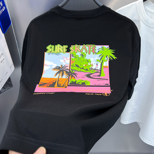 Early Autumn New Fashion Men's T-shirt Trendy Brand T-shirt Coconut Tree Loose Short-sleeved Shoulder Short T-shirt Trendy B2DAD2404