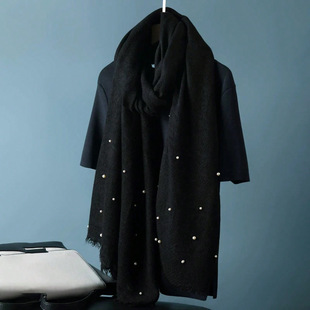 Cross-border Explosions Black Wool Edge Cotton Yarn Sky Star Pearl Cotton Linen Pleated Monochrome Women's Headscarf Long Scarf