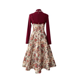 Liangyixuan floral strap dress women's autumn and winter elegant fairy skirt elegant high-grade waist-tight French skirt women