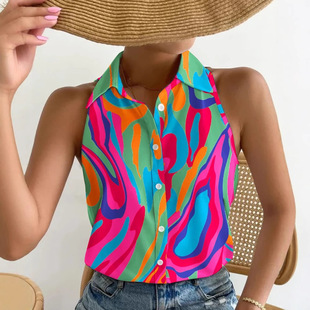 2023 European and American Independent Station Amazon New Summer Casual Fashion Sleeveless Shoulder Abstract Printed Women's Shirt