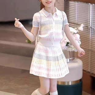 Girl's Knitted suit Summer 2025 New Children's Western Style Cardigan Top Girl's Summer Skirt Two-piece Set