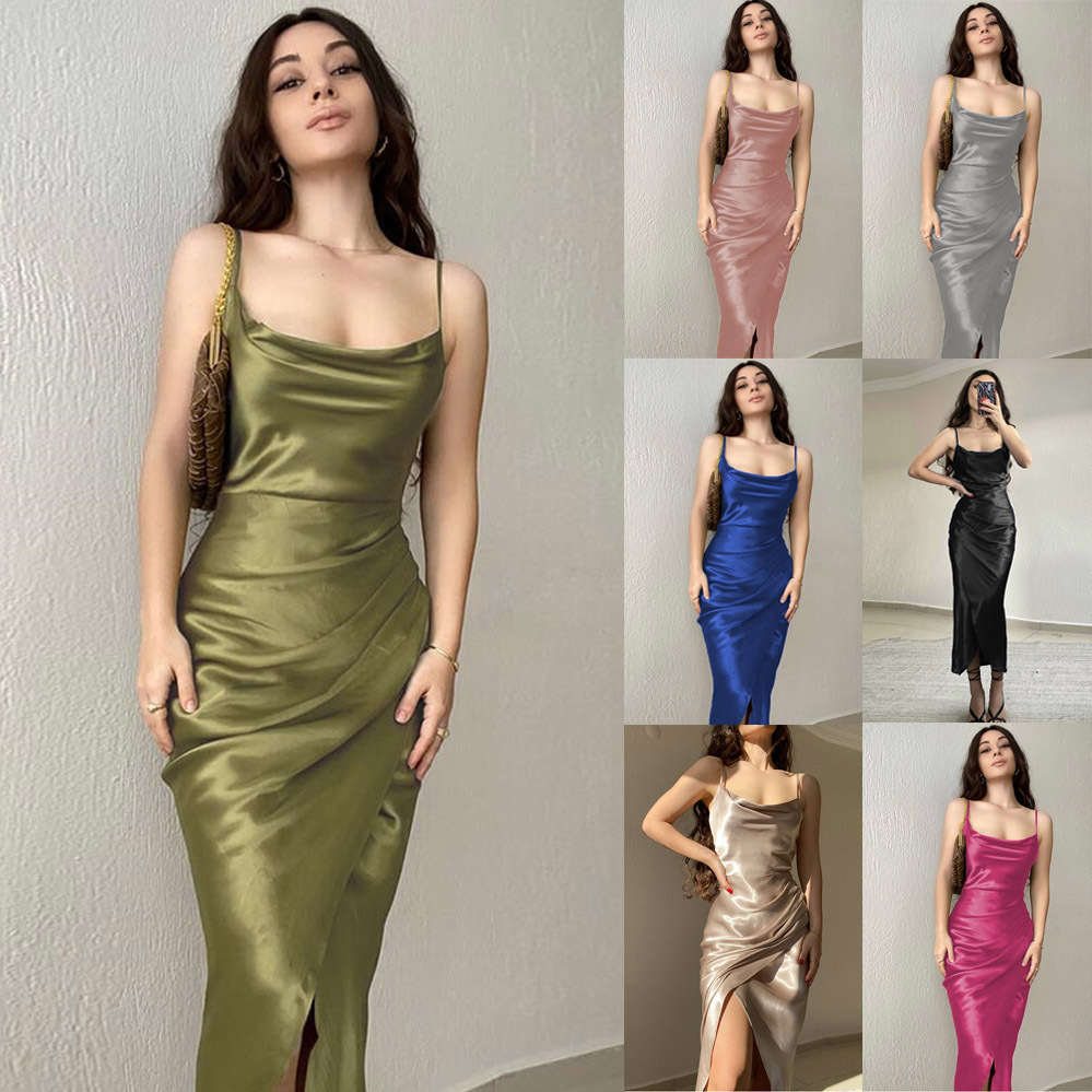 2026 European and American Hot Girl Style Sexy Low-Cut Satin Slit Slip Dress New Slim-Fit Backless Long Dress