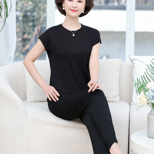 Mom's Modal Pajamas Women's Summer Thin High-Level Cool-Feeling Home Clothes Short-Sleeved Outfit for Middle-aged and Elderly People