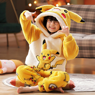 2024 new girls pajamas autumn and winter fleece-lined padded coral fleece children hooded girls panda suit winter