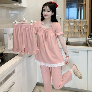 Pajamas Women's Summer Short-sleeved Shorts Trousers Three-piece Set Korean Casual Fresh and Sweet Lace Girl's Home Clothes
