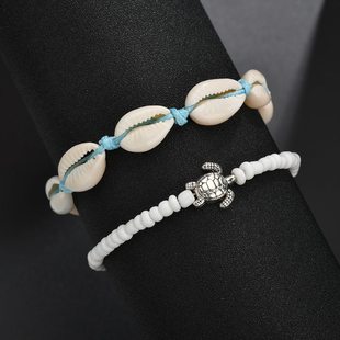 European and American cross-border anklet creative retro beach turtle shell beads push-pull women's anklet suit 2-piece set ins