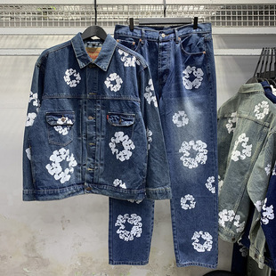 European and American High Street Kapok Printed Denim Jacket Trendy Brand hiphop Fried Street Pants Loose Vintage Men's and Women's Jacket
