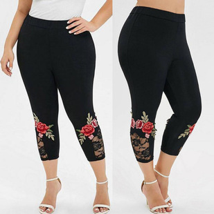 2023 cross-border foreign trade ladies large size applique lace stitching elastic casual bottoming pants