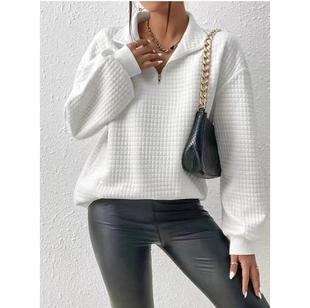 2023 European and American autumn popular comfortable loose waffle solid color stand collar zipper long sleeve stitching women's sweater