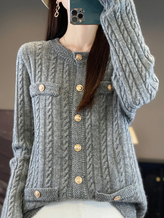 Autumn and Winter 100 Wool Chanel Style Cardigan Women's Round Neck Twist Coat Sweater Loose Cashmere Sweater Long Sleeve Top