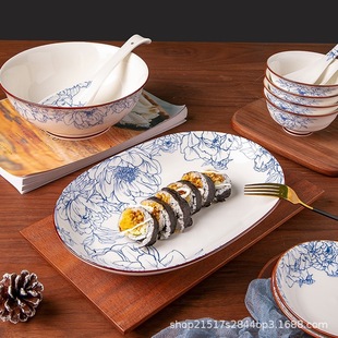 Wholesale Jingdezhen Blue and Flower Ceramic Bowl Dish Tableware suit Underglaze Color 24 Piece Set Japanese Rice Bowl Dish Fish Plate