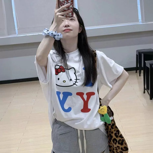 Eihey Baek Hyun with HelloKitty Hello Kitty Print Cute Age-reducing Loose Instagram Style Trendy Short-sleeved T-shirt