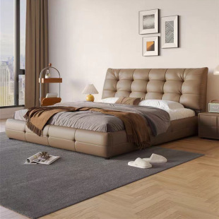 Modern Simple Puff Bed Double Queen Bed Head Layer Cowhide Master Bedroom Cotton Candy Tatami Leather Bed Italian Minimalist