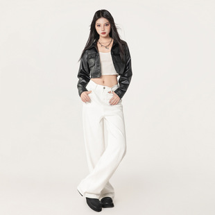 High-grade Drop Flip White Wide Leg Jeans Women's Spring and Autumn New High Waist Loose Straight Pants
