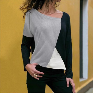 2025 New Women's Simple Casual Fashion Spring and Autumn Contrast Color Stitching Small Long Sleeve T-Shirt Women's Top Trendy