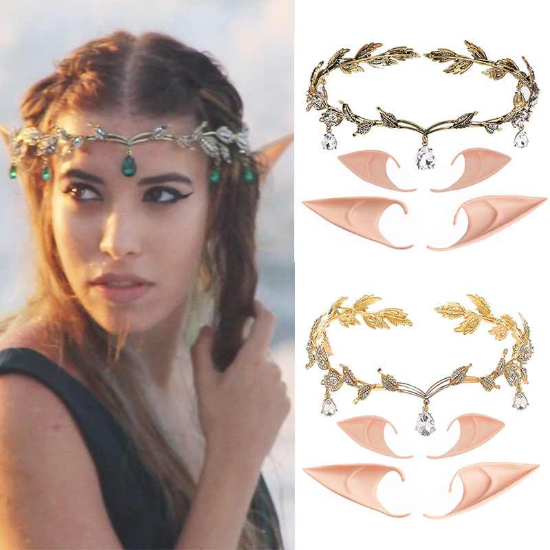 Cross-Border Halloween Costume Headwear Elf Ear Set Crown Headband Hair Hoop Cosplay Party Forehead Ornament