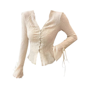 Texture Lace-Up Long-Sleeved V-Neck Chiffon Shirt Women's Spring Elegant Slim-Fit Short Inner Base Cardigan Top