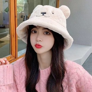 Korean-style Rabbit Fur Little Bear Fisherman Hat Women's All-match Plain-made Warm Face-covering Hat Cute Japanese-style Furry Hat Trendy