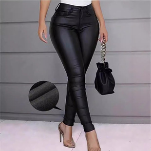 Amazon Foreign Trade European and American Fashion Women's Tight Pants Multi-Pocket Knitted Elastic Coated Pen Lead Pants in stock New