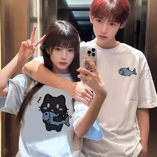 Dopamine Couple Dress Summer T-shirt 2025 New High-end Sense Super Popular Unique Niche Different Short-sleeved Tide