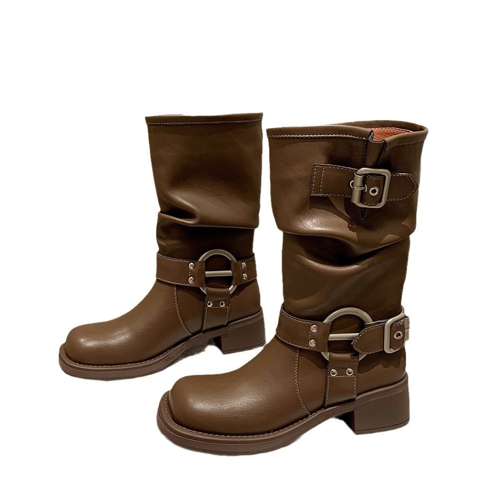 Real Soft Leather Boots with Belt Buckle, Slouchy Mid-Calf Boots, Women's Riding Boots, Martin Boots, Women's Boots That Make You Look Slimmer, Wasteland Style