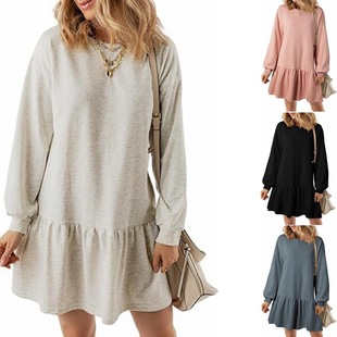 European and American foreign trade cross-border women's clothing 2024 Amazon neckline cross crew neck long sleeve casual sweater dress