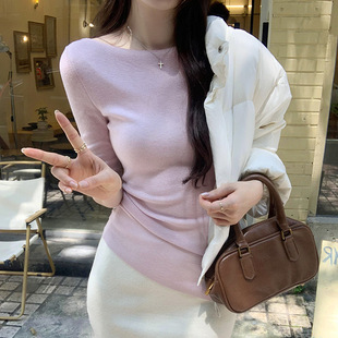 French-style off-shoulder silver silk high-quality mid-sleeve bottoming sweater women's 2024 autumn new slim-fit top