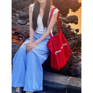 Canvas Bag 2024 New Red Korean Style ins Style Letter Student Work Clothing Versatile Large Capacity Shoulder Bag for Women