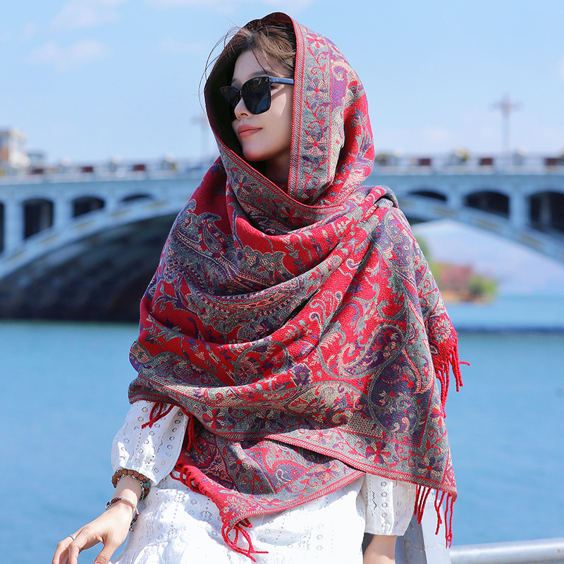 Qinghai Xizang Chaka Salt Lake Tourism Super Large Red Shawl Women's Ethnic Style Thickened Cloak Scarf Air Conditioning Blanket