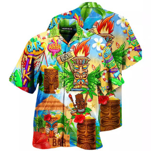 2023 summer new cross-border men's loose breathable 3D printing fashion Hawaiian short sleeve shirt men's lapel