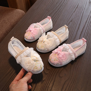 Girls' Hanfu Shoes Spring and Summer Horse-faced Skirt Children's Shoes New Chinese Style Small Leather Shoes Antique Style Mesh Shoes Guofeng Girl's Embroidered Shoes