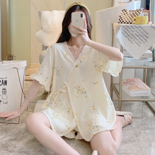 Happy Summer Wholesale Pure Cotton Crepe Short-sleeved Shorts Moon Suit Pregnant Women Breastfeeding Postpartum Pajamas Two-piece Set