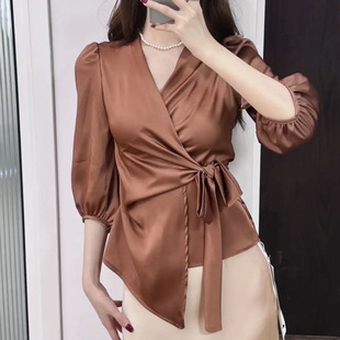 Light Mature Satin New French Design Strap Purple Slim Top Shirt Shirt Tight Waist Niche