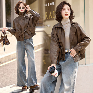 American Retro Leather Jacket Women's Short 2024 New Winter fleece-lined Warm Small Motorcycle PU Leather Jacket