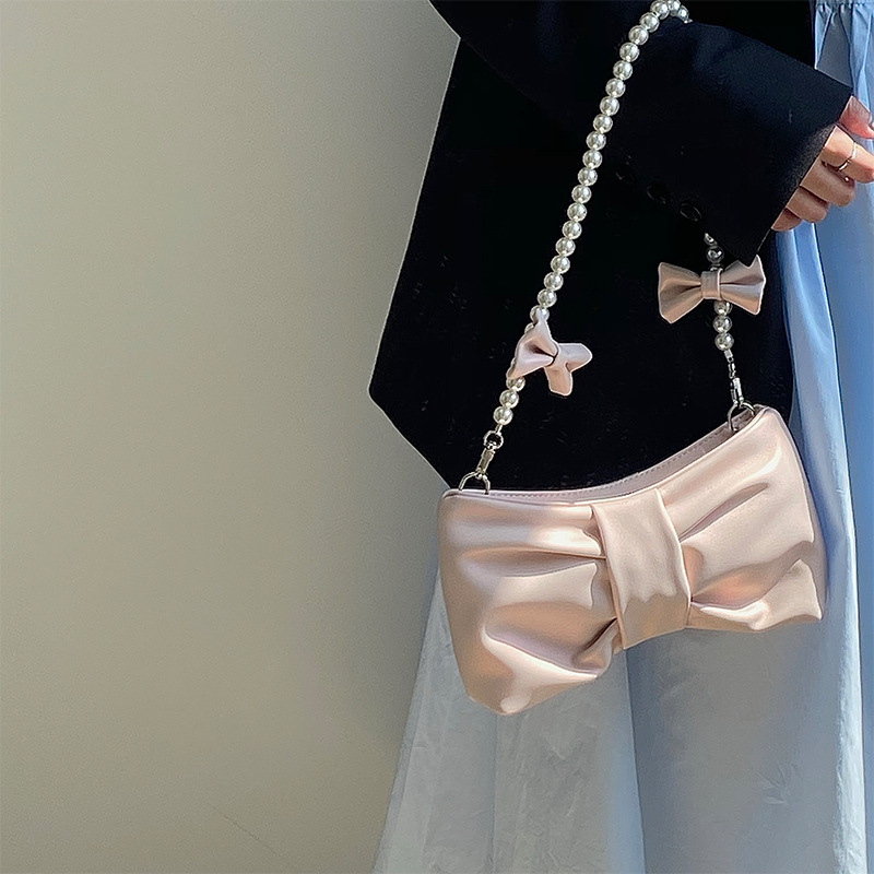 Summer Sweet Pearl Bowknot Underarm Bag with a Rich and Fresh Fairy-Like Feel, Korean Style Single-Shoulder Baguette Bag
