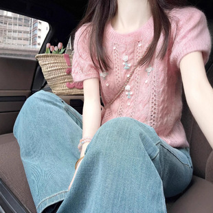 Korean Style Gentle Style Pink Knitted Sweater Women's Spring New Design Sense Niche Loose Slimming Sweater Top Short Sleeve