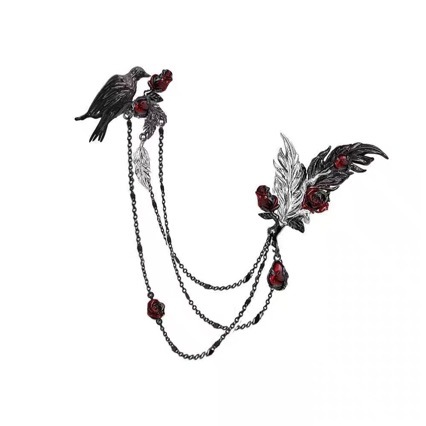 Dark Raven Rose Brooch for Women, New Chinese Style Tassel Feather Suit Accessory, Unique Trendy Cool Design Pin