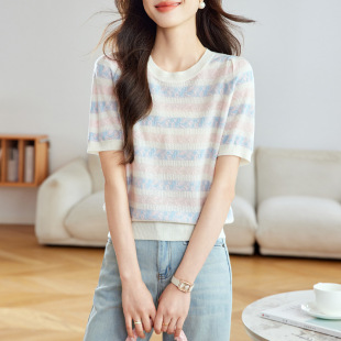 Short-sleeved sweater 2025 summer new design sense thin women's striped blue top shoulder short-sleeved t-shirt