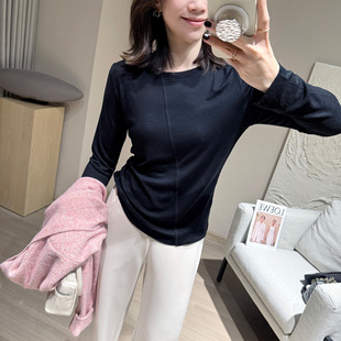 A292132 Oblique-Cut Deconstructed Tencel Wool Soft Base Shirt Round Neck Slimming Slim-Fit Long-Sleeved Elegant Thin T-Shirt