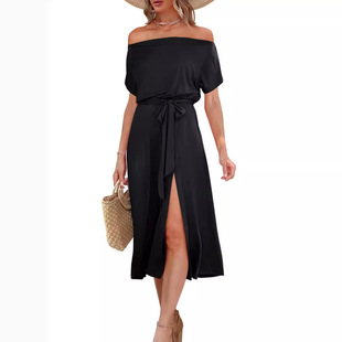 2024 Amazon eBay Women's New Summer Dress Shoulder Short-sleeved Lace-up Waist Split Midi Dress