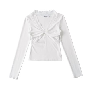 Pure Lace Stitching Kink V-neck Long Sleeve T-shirt 2024 Autumn New Slim-fit Slimming All-match Hot Girl Top Women